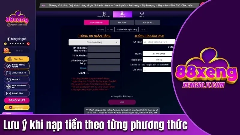 Lưu ý khi nạp tiền theo từng phương thức 